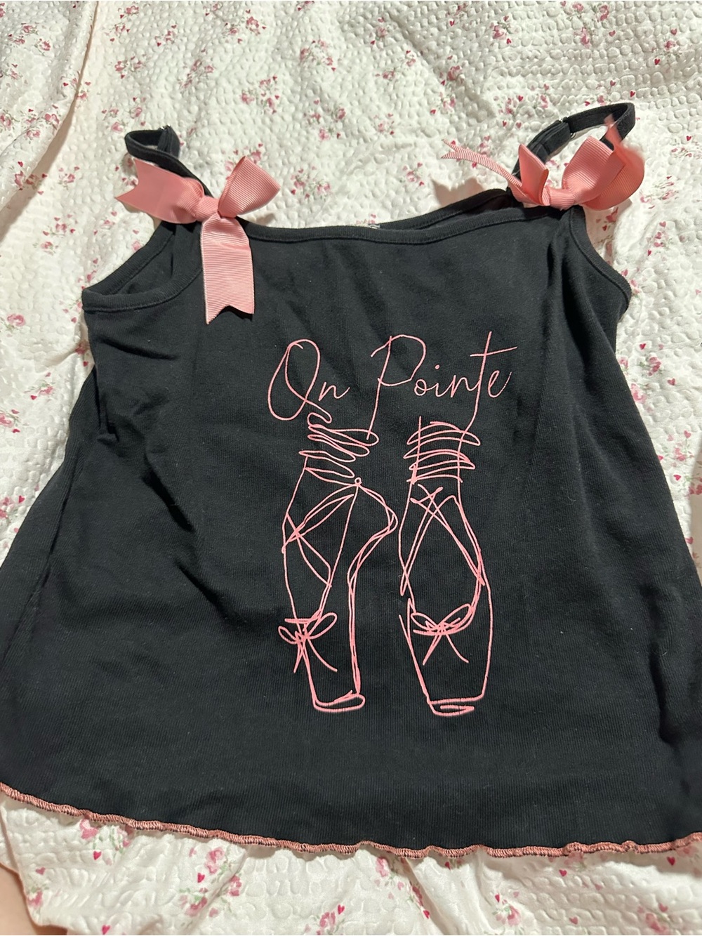 Girls "On Pointe" Ballet Tank Top with Pink Ribbon Straps